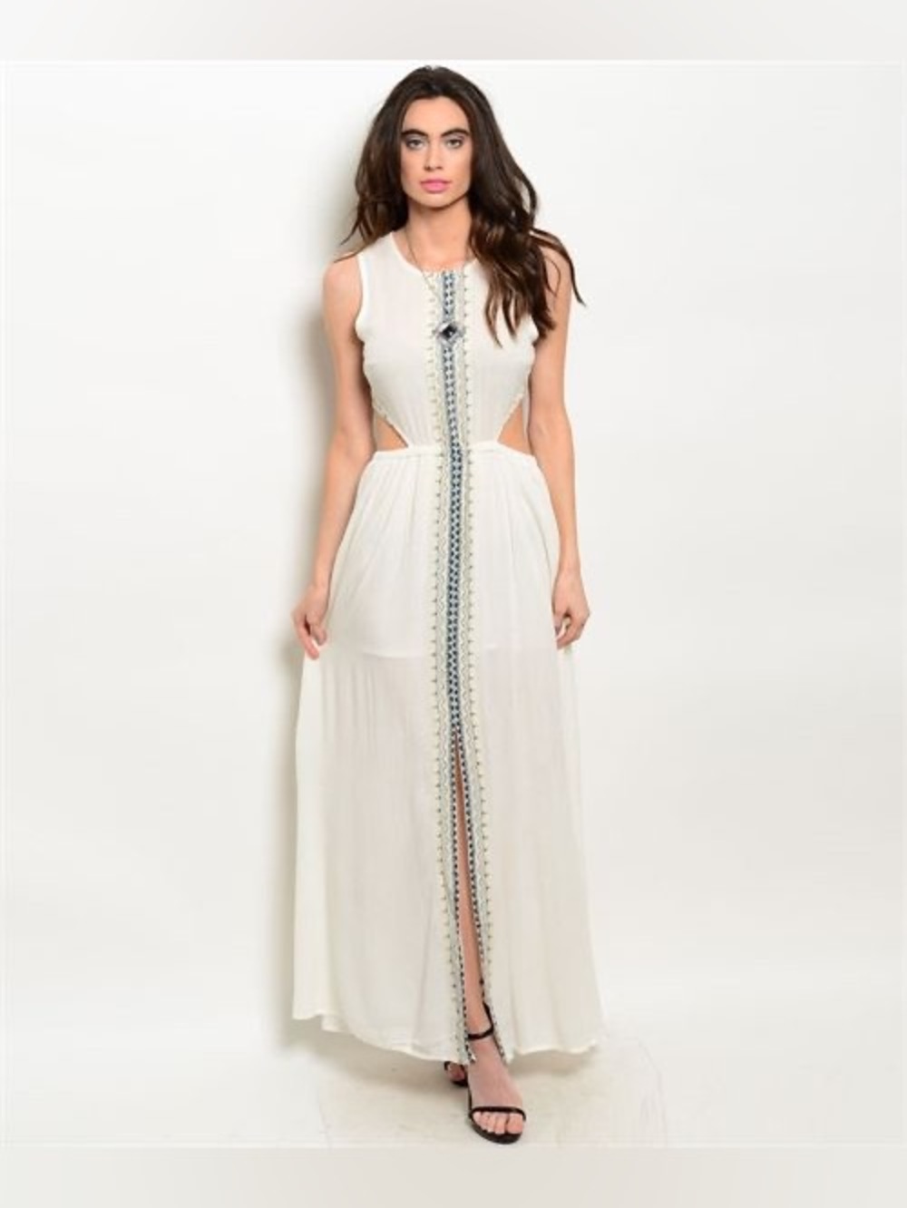 En Creme Cotton Dress Size M White Embroidered Keyhole Maxi Dress‎ NWOT